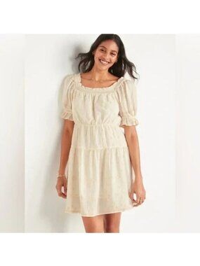 Old Navy Cream Embroidered Babydoll Dress Womens Sz Medium Puff Sleeves Peasant